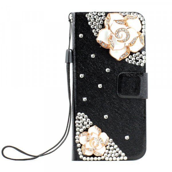 Wholesale iPhone 5 5S Crystal Flip Leather Wallet Case with Stand Strap (Double Flower Black)